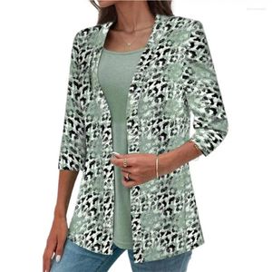 Women's Blouses Women Jacket Leopard Print Cardigan With Three Quarter Sleeves Lapel Collar Open Stitch Detail For Office Wear Daily