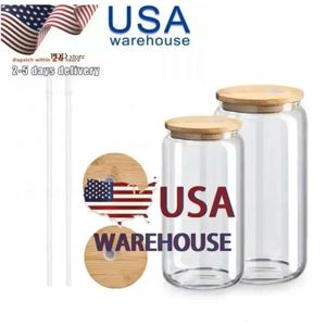 US Stock 16oz Sublimation Glass Beer Dugs with Bamboo Lid Straw Tumblers DIY Blanks Frosted Clear Can Heat Transe Tail Cups Tumbler 0514