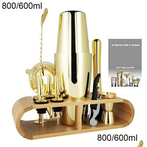 Ferramentas de barra 1-12pcs Gold Boston Cocktail Shaker Shakers Conjunto de bartenders Barware Wine Proler Jigger Acessórios com Stand Bamboo Drop D DHCFC