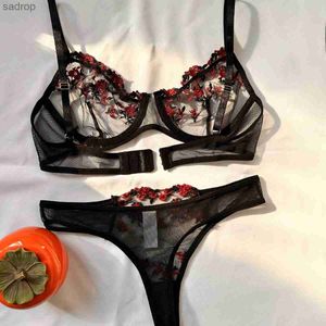 Bras Sets Sexy lingerie floral lace Erotic xy set for womens 2-piece transparent lingerie Embroidery Erotic beautiful bra and underwear set XW