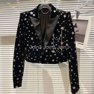 Spring New design womens fashion turn down collar velvet fabric paillette shinny stars pattern long sleeve short jacket coat SML