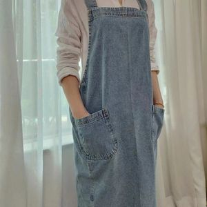 Korean Lady Dress Denim Apron For Woman Cotton Fabric Garden Kitchen Baking Cooking Aprons Household Cleaning Accessories 240429