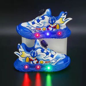 Boys Cartoon Sneakers Children Baby Spring Breathable Mesh LED Luminous Sports Shoes Kids Casual Autumn Light Up Shoes 240430