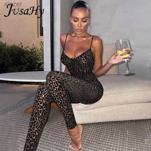 Women's Jumpsuits Rompers JuSaHy Leopard Print Flocking jumpsuit for womens fashion sleeveless backless shaping casual high street womens clothing WX