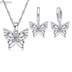 Earrings Necklace New Fashion 925 Sterling Silver Colored Jewelry Set with Sparkling Austrian Crystal Inlaid Butterfly Wedding Pendant Necklace Earrings XW