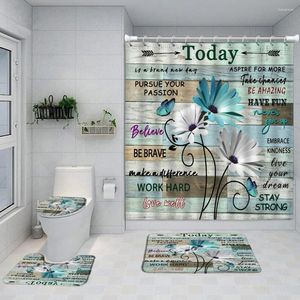 Shower Curtains Floral Rustic Wooden Curtain Set Butterfly Vintage Daisy Dahlia Sunflower Farm Barn Toilet Cover Bath Mat Bathroom Decor