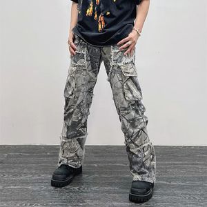 Camuflagem geral Y2K Moda Bagagem Flash Jeans Cargo Pants Mens Casas Mulheres retas de pernas largas 240510
