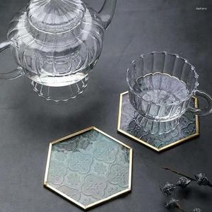 Table Mats Retro Window Grille Glass Dining Insulation Pad European Gold Copper Embossed Pattern Hexagonal