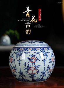 Dekorativa figurer keramiska te burk antik blå och vit porslin förvaring hem dekoration ornament