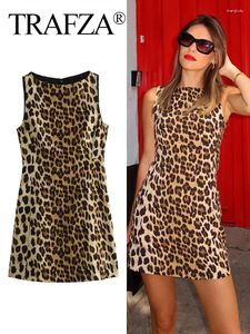 Casual Dresses Trafza Dress for Women Summer Leopard Print ärmlös O Neck Slim Mini Female Vintage Sexig Party Woman Vestidos