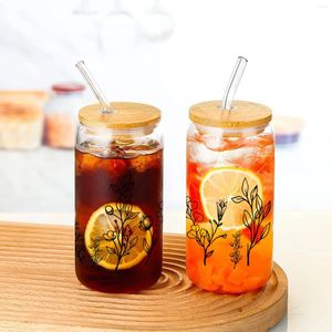 Wine Glasses 16oz Simple Black Hollow Flower And Plant Pattern 3D Print Sublimation Glass Straw Juice Bottle With Bamboo Lid For Gift