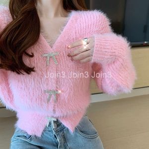 Autumn New Womens V-Neck Rhinestone Bow-knappar Patchwork Mohair Wool Sticked Long Sleeve Kort tröja Cardigan Coat Plus Size SML