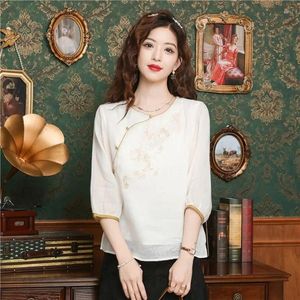 Blusas femininas Chiffon Chinese Chinese Shirt Summer Bordado vintage LONOS MANEIRAS CURTAS MULHERES TOPS Roupas de moda ycmyunyan