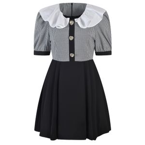 Summer Black Contrast Color Panelled Dress Short Sleeve Peter Pan Neck Buttons Short Casual Dresses Y4W09227N