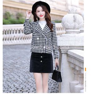 Autumn New Retro Womens Houndstooth Plaid Grid Pattern Woolen Short Thickning Coat Casacos Plus Size MLXLXXL3XL