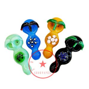 Colorful Owl Face Double Bowls Art Smoking Glass Pipes Portable Handmade Dry Herb Tobacco Filter Spoon Bowl Innovative Pocket Cigarette Holder DHL