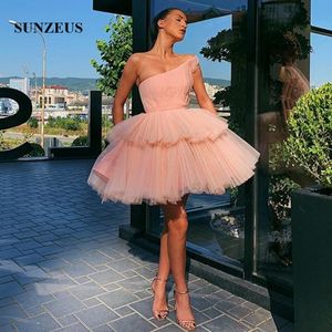 Korta puffiga cocktailklänningar 2020 en axel veckad festklänning rosa tylldansklänning tiered kjol 237l