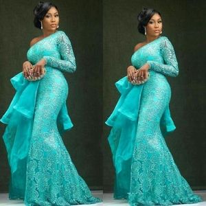 Aso Ebi Plus Size Turquoise Evening Dresses Peplum One Shoulder Mermaid Lace Prom Dresses African Dubai Party Gowns 229S