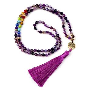 Bärade halsband naturliga lila agathalsband lämpliga för kvinnor 7 chakra spirituell energi 108 japamala mala pärlor tassel lång halsband smycken d240514