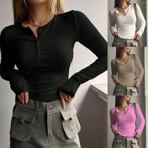 Women's T Shirts Women Tops V Neck Long Sleeve Solid Pullover Single Breasted Button Slim Fit High Street Sexy Striped Sheath Autumn