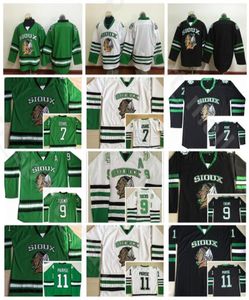 Hóquei no gelo da faculdade 7 TJ Oshie Jersey Homem Dakota Norte Fighting Sioux Vinatge 9 Jonathan Toews 11 Zach Parise costura preta branca 2916616