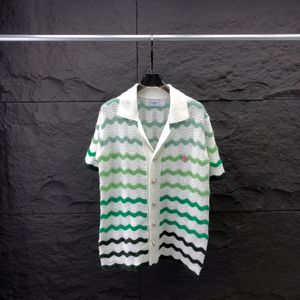 ヴィンテージ刺繍の編みメンズシャツ夏のビーチグラデーションストライプ半袖ニットトップスCAカジュアルニットカーディガン240513