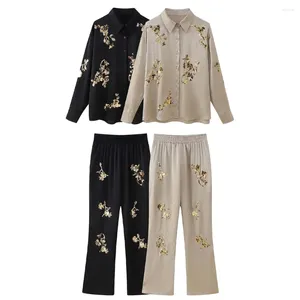 Women's Two Piece Pants Zach Ailsa 2024 Summer Product Satin Texture Sequins Heavy Industry Embroidered Shirt High Waist Long Set