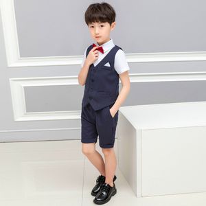 Boys' Suit Striped Choral Performance Dress Set (Vest + Trousers + Shirt + Bow Tie)