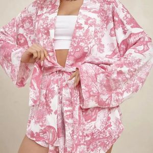 Home Clothing Cross-Border European And American Spring Printed Cardigan Long-Sleeved Shorts Women's Wear Loose Comfortable Cool Pajamas