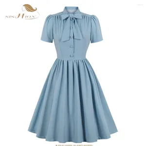 Party Dresses Sishion 2024 Kvinnor Summer Green Blue Pleched Dress Elegant Vintage Bow Tie Neck -knappen Pinup 50S 60S Retro Swing SD0081