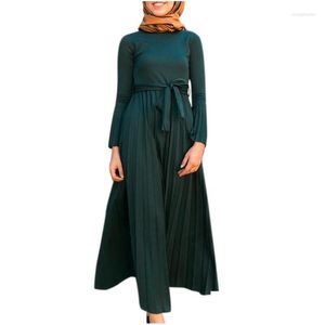 Ethnische Kleidung Middle East Malaysia Falten Frauen Kleider kleiden runde Hals Langarmes solide elegante Dubai Muslim bescheiden