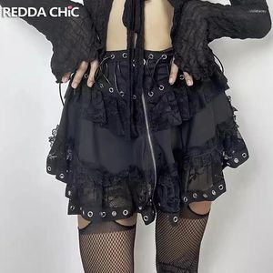 Etek Reddachic gotik lolita dantel trim kek etek kadınlar siyah punk yüzük zip-up bandaj fırfırlı kabarık mini grunge y2k sokak kıyafetleri