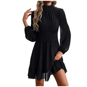 Casual Dresses 2024 Autumn Silk Solid Chiffon Long Sleeved Dress For Women Loose Fit Large Waist Black Slim Knee Length A-Line Robe