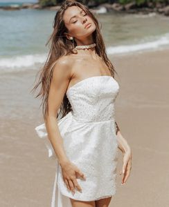 Classic Little White Wedding Dresses 2024 Strapless Beads Sequins Bow Back Mini Civil Bridal Party Gowns Boho Beach Vestido De Noiva
