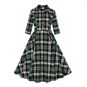 Casual Dresses Button Cotton Rockabilly Green Plaid för kvinnor 3/4 Längdhylsa 40S 50S Vintage Dress Pockets VD4367