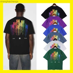 Trend Orijinal 1to1 Amirirs T Shirt Tasarımcı Doğru Edition Rainbow Gradient Damla Boya Kısa Kollu Tavşan Yıl Yıldız Aynı Çift Tişört Logo ile