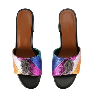 Slyckor Ledp Rainbow Striped Women's Open-Toe Low-heel Sandals med Metal Decor Fashion Summer Shoes For Ladies