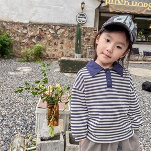 4 Spring Kids T shirts fashion striped contrast color turn down collar Boys Girls Polo shirts cotton Tops 240514