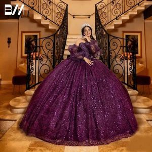 보라색 공 Quinceanera 반짝이 3D 꽃 신부 가운 파티 바닥 길이 신부 드레스 vestidos de novia