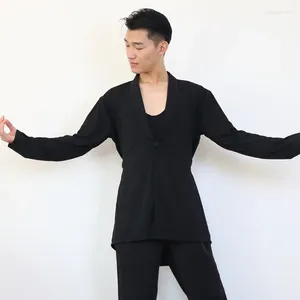 Stage Wear 2024 Latin Dance Tops For Men Black Long Sleeved Cardigan Shirts Chacha Rumba Tango Dress Adult Costume DQS15632