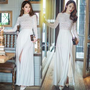 New design womens crochet hollow out lace floral long sleeve high waist patchwork pleated chiffon vent jag long dress