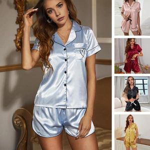 Hemkläder Ice Silk Fabric Loungewear Elegant Women's Summer Pyjama Set With Silky Lapel Top Bow Decor Pants Bekväm för damer