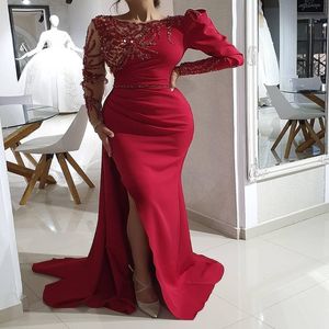 2021 Arabic Aso Ebi Red Luxurious Sirene Abiti da sera in perline Crystals Dreeves Long Maniche Formale Seconda Accoglienza di accoglienza 263Q 263Q