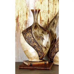 Vases Brown Traditional Ceramic Decorative Vase With Vine Detailed Engravings And Oval Shaped Flask Design 11"W X 18"H