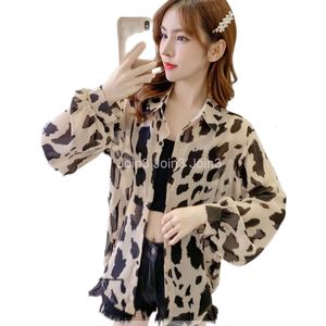 Womens turn down collar blouses loose long sleeve leopard chiffon print shirts sunscreen tops SMLXLXXL3XL
