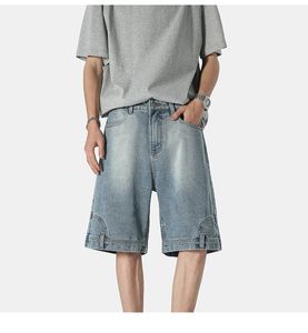 The new summer wash loose straight pocket flip large Size denim shorts men's high street retro casual fashion multi-pocket shorts Size M-5XL