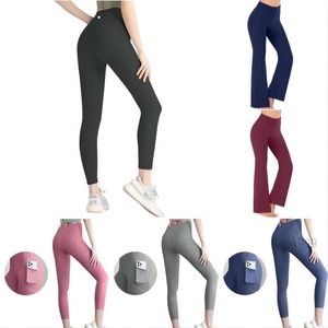 Lu Align Leggings blossade breda leggings med fickor Hög midja breda kvinnor Yoga byxor Gym Slim Fit Pockets Träningskläder Running Wear Lady Outdoor Sports Outfits