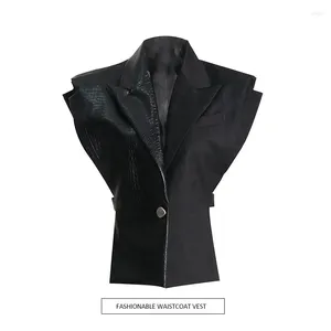 女性用ベスト2024秋のワニ革パネルスーツ布ベストパーソナライズされたカッティングファッション調整可能なトップコート