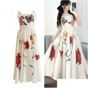Basic Casual Dresses Summer Butterfly Embroidery Lady Runway Quality Strap Cotton Linen Sundress A Line Party Elegant Midi Long El Dhudm