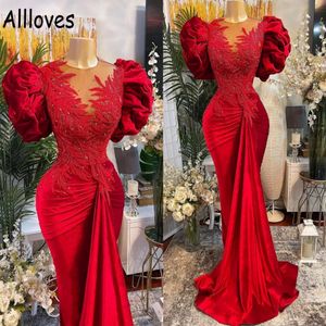 Plus Size Arabic Aso Ebi Red Mermaid Lace Prom Dresses Ruched Puffy Short Sleeves Beaded Sheer Neck Velvet Evening Formal Party Gowns S 242l